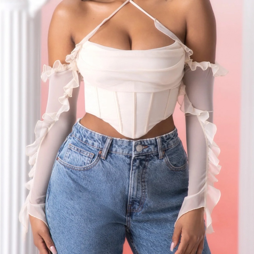 Oh Polly Cream Ruffled Sleeve Bustier Crop Top
